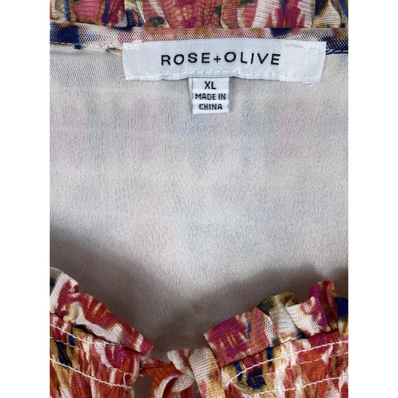 Rose + Olive Size XL Colorful Print Smocked Popover Top Boho Peasant Orange Red - Picture 5 of 12